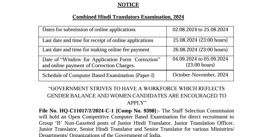 SSC JHT 2024 Notification